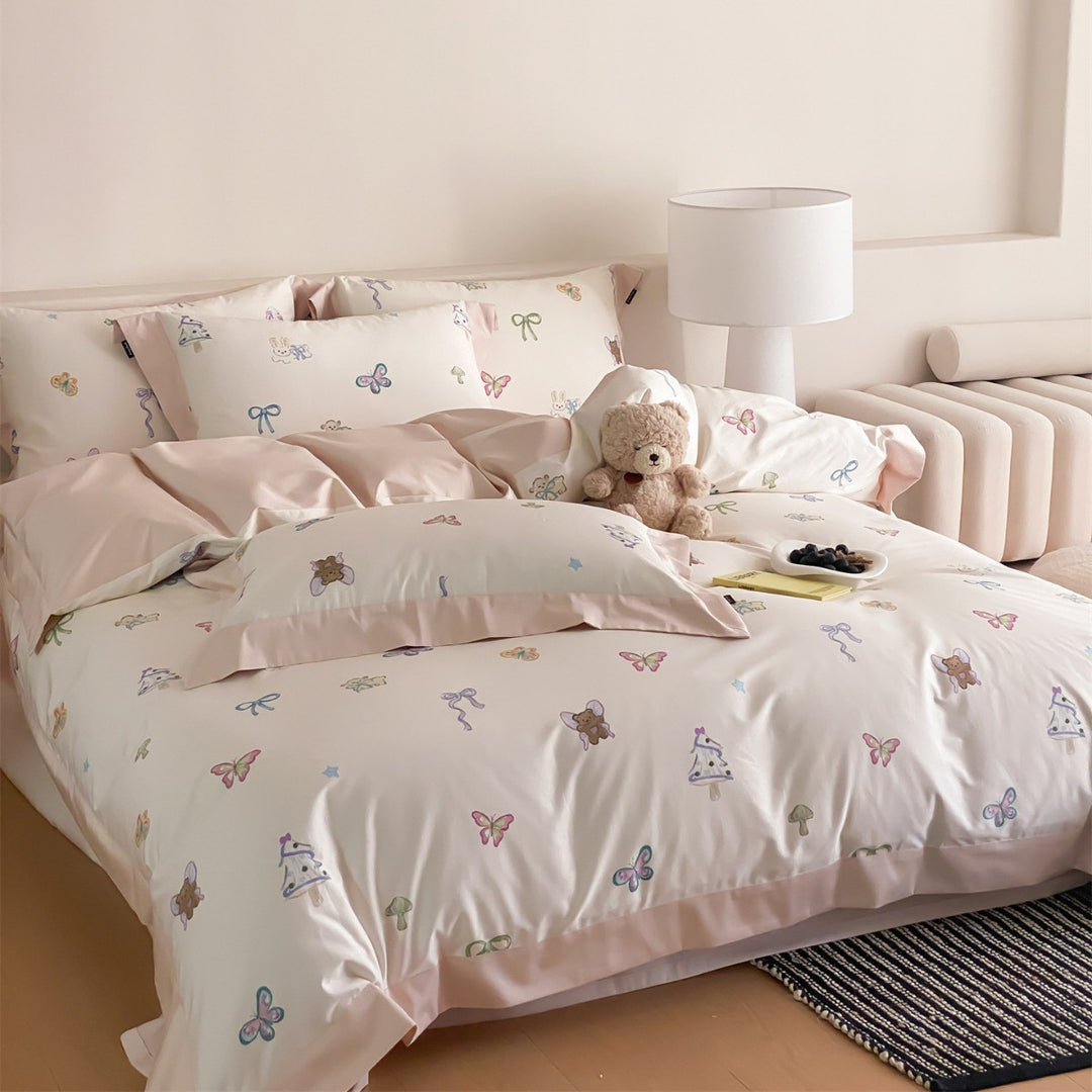 Playful Pastel Printed Cotton Sateen Duvet Cover Set with Satin Border and Pillow Shams