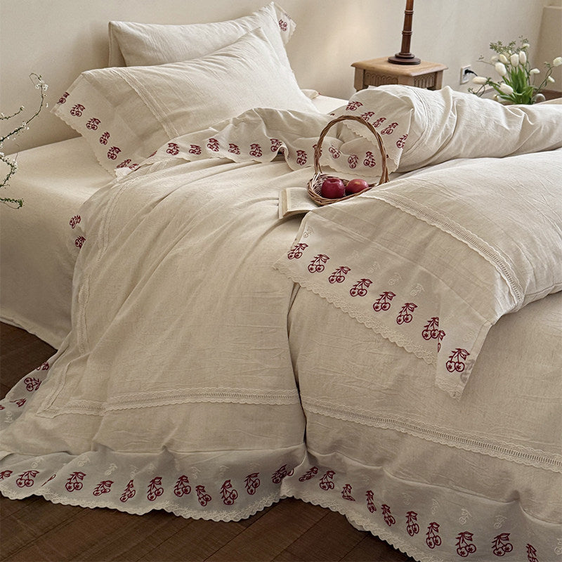 Artisan Embroidered Cherry-Motif Cotton-Linen Duvet Cover Set with Scalloped Lace Hem