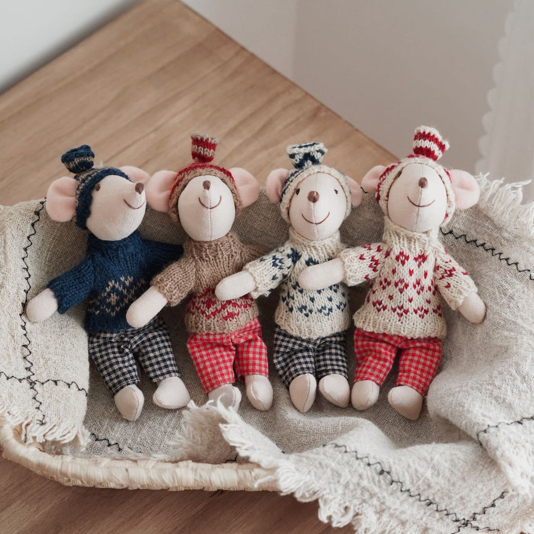 Handcrafted Mouse Plush Doll with Knitted Heart Sweater Pom-Pom Beanie and Gingham Trousers