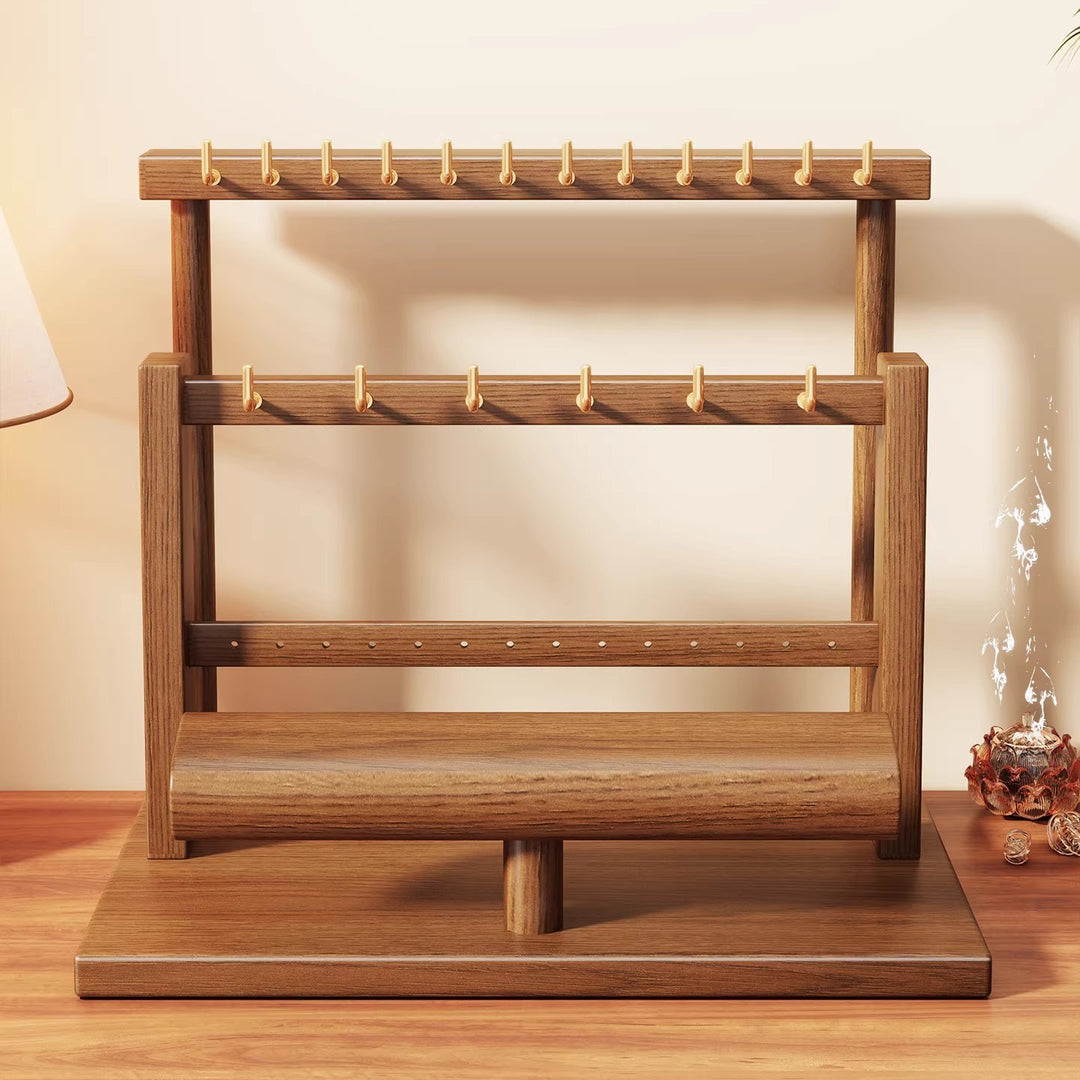 Multi Level Wooden Jewelry Display and Organizer Stand with Felt Lined Tray