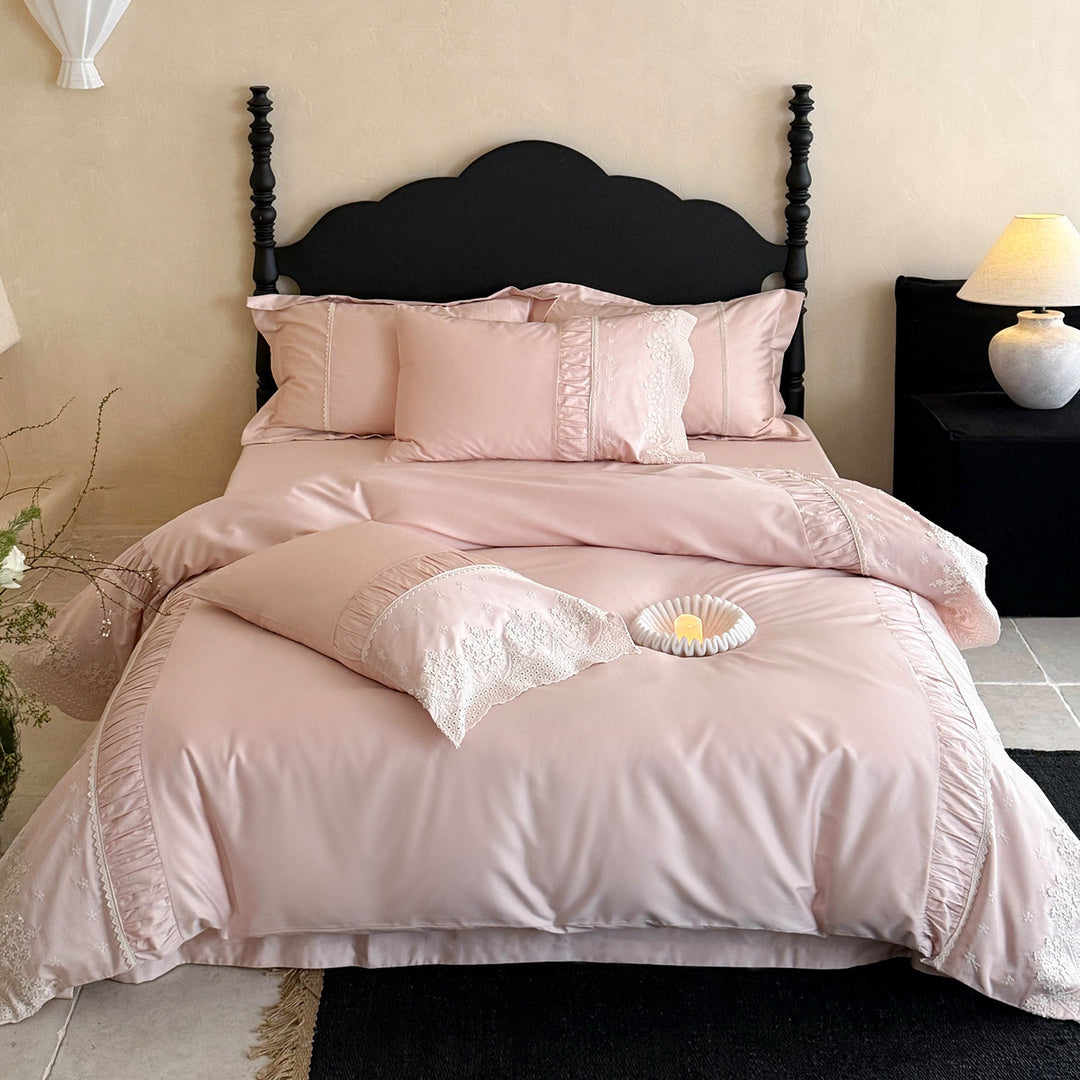 Satin-Blend Ruffle and Lace Embroidered Duvet Cover Bedding Ensemble