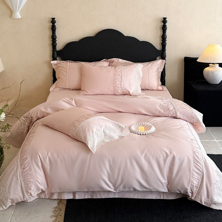 Satin-Blend Ruffle and Lace Embroidered Duvet Cover Bedding Ensemble