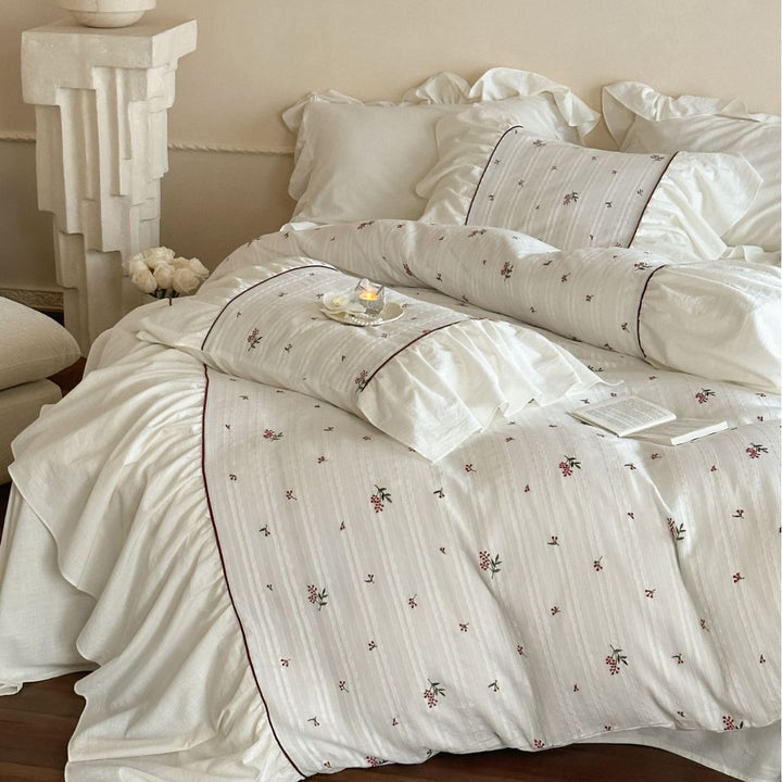 Vintage-Inspired Floral Embroidered Cotton Duvet Cover Set with Ruffled Shams and Piped Trim
