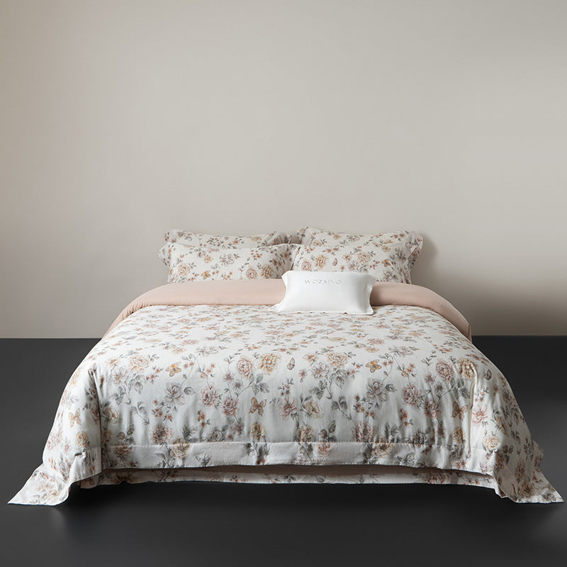 Linen-look cotton duvet cover set with delicate watercolor flower pattern and reversible function
