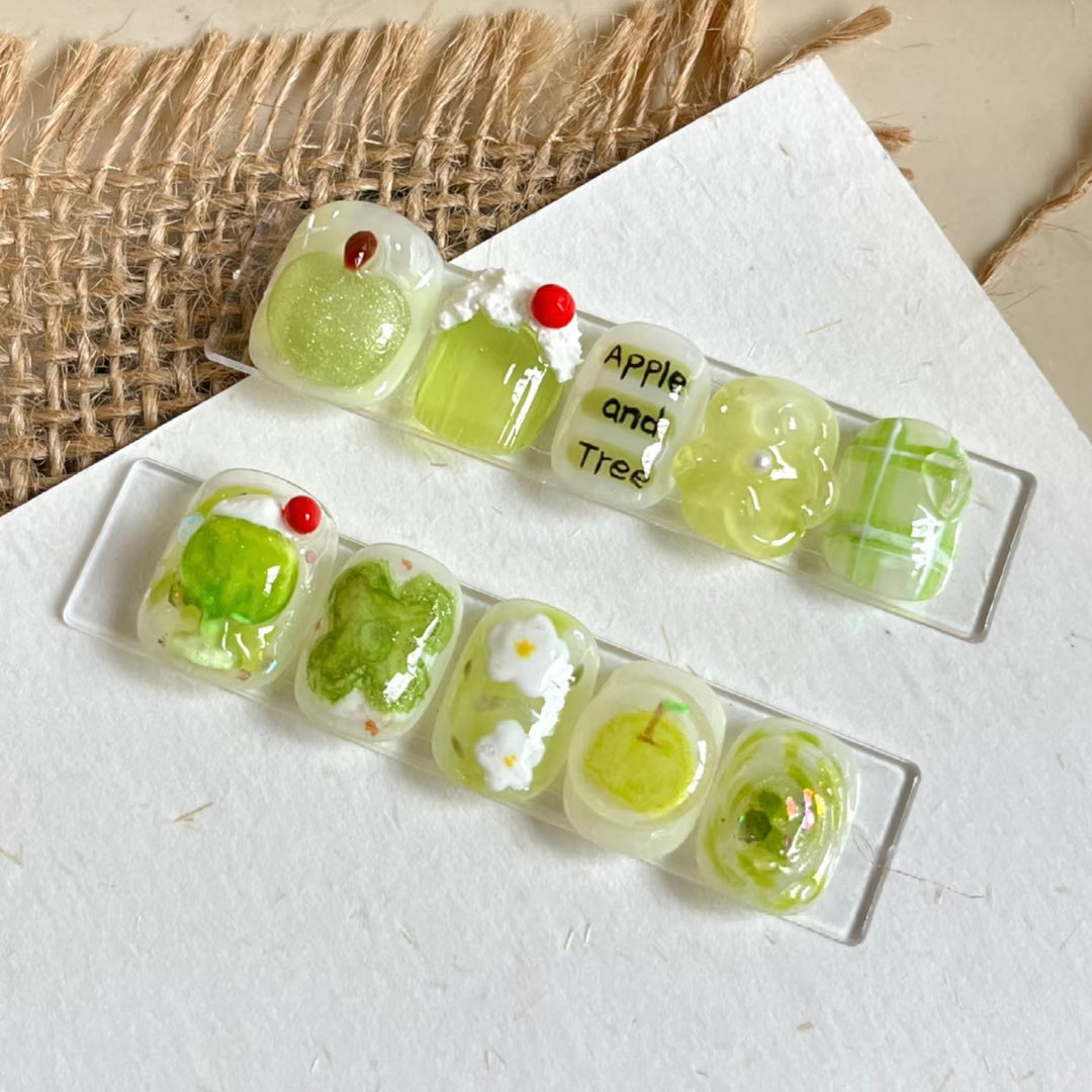 Artistic Press-On Nail Art Set with Apple and Floral Design