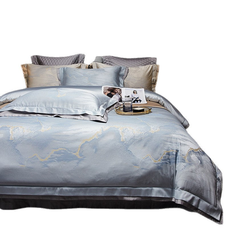 Silky Sateen Marble-Print Duvet Cover Ensemble with Reversible Back and Hidden Corner Ties