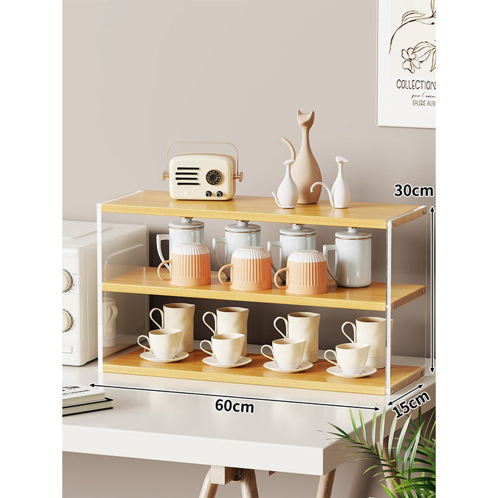 Compact Multi-Level Countertop Cup and Mug Display Shelf with Bamboo Shelves and Transparent Sides