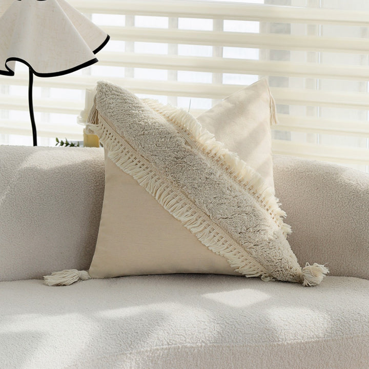 Square Boho cushion cover with diagonal teddy relief, fringes, and corner tassels Stornfield