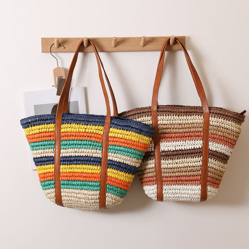 Braided straw tote bag with sturdy leather handles Stornfield