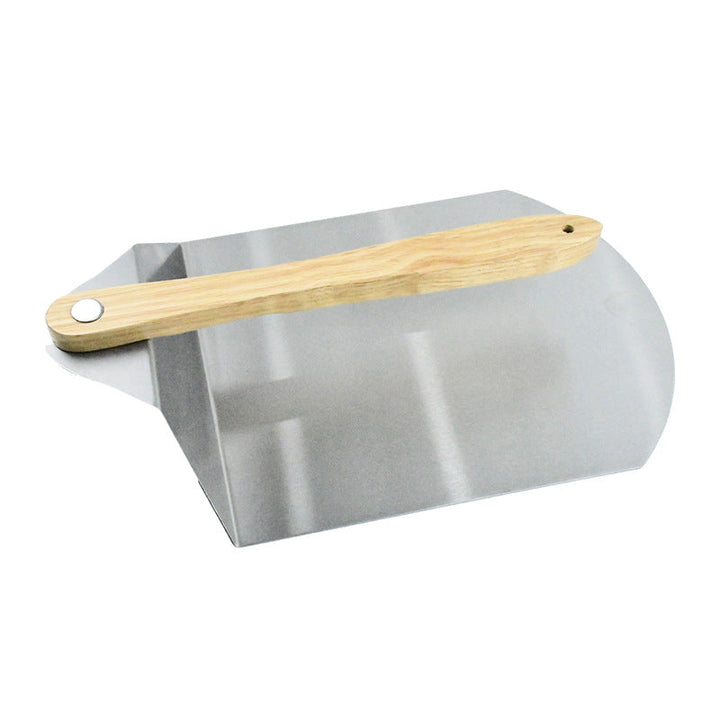large round stainless steel pizza paddle with beveled edge and full-length wooden handle Stornfield