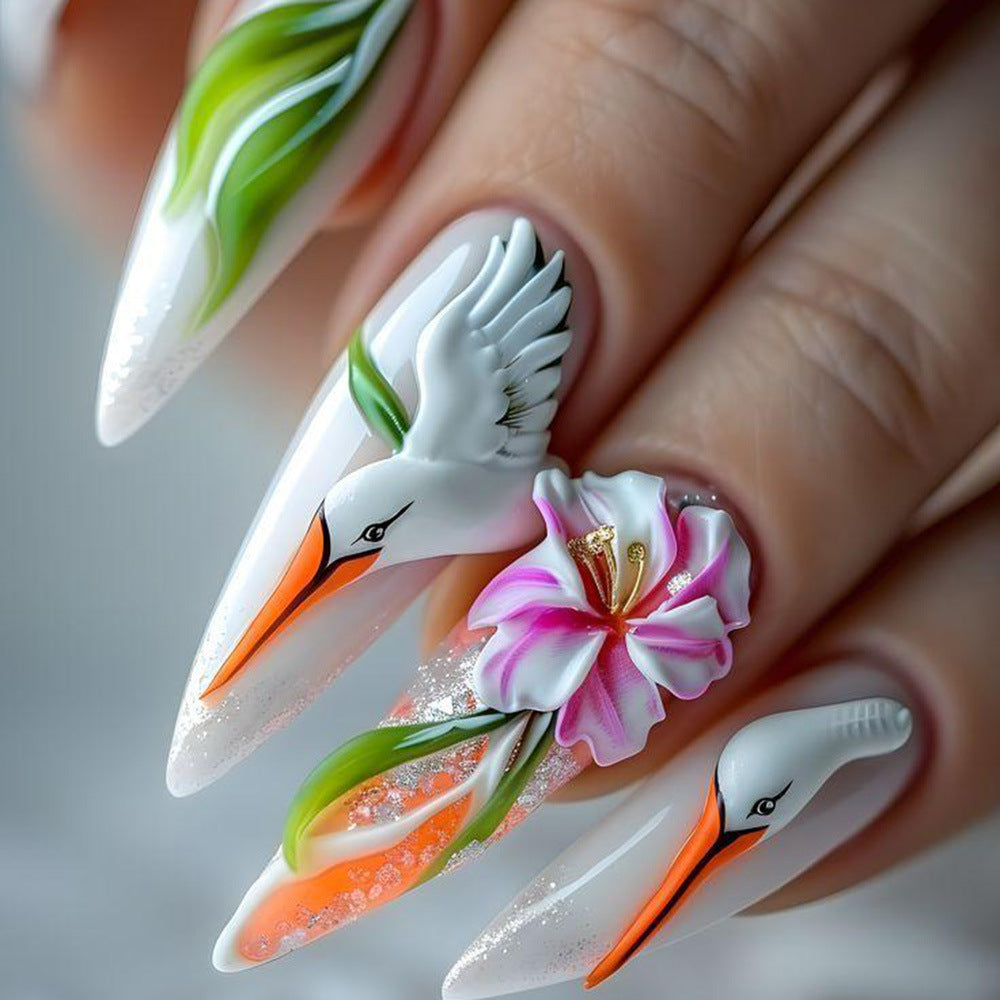 Artificial Nail Set with Floral Stork Design Stornfield