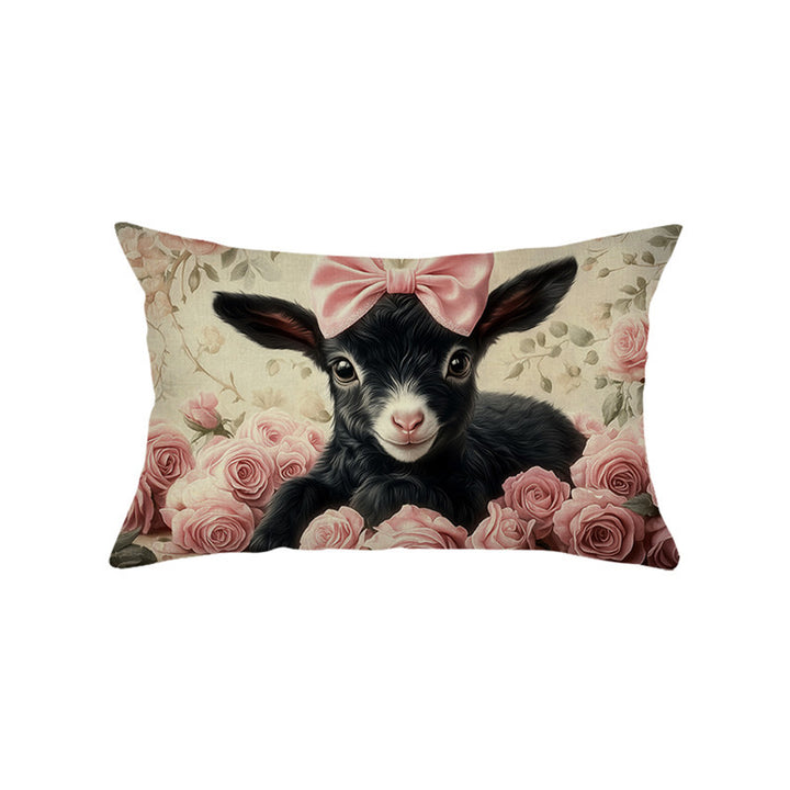 Decorative Rectangular Cotton-Linen Pillow Cover with Kitten Garden Illustration