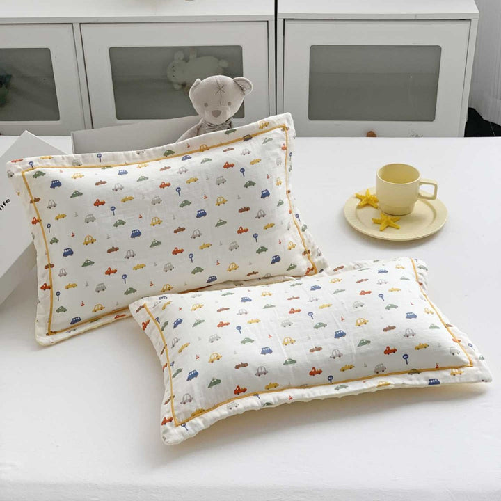 Baby Muslin Pillow Set with Bear Print & Soft Gauze Ruffled Edge