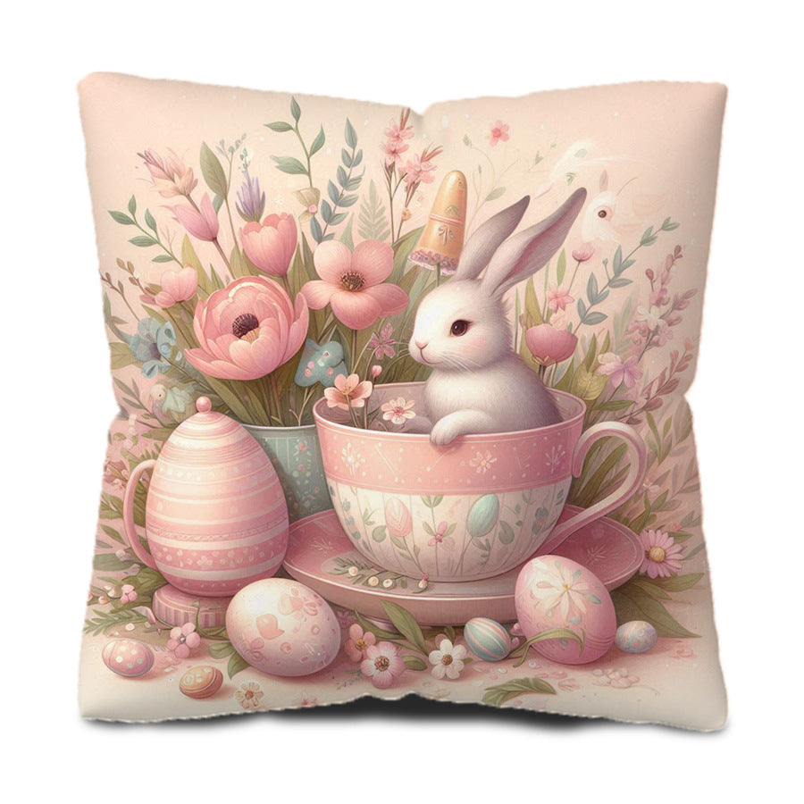 Decorative Bunny and Floral Print Throw Pillow