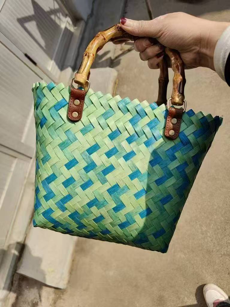 Woven Material Handbag with Wooden Handles Stornfield