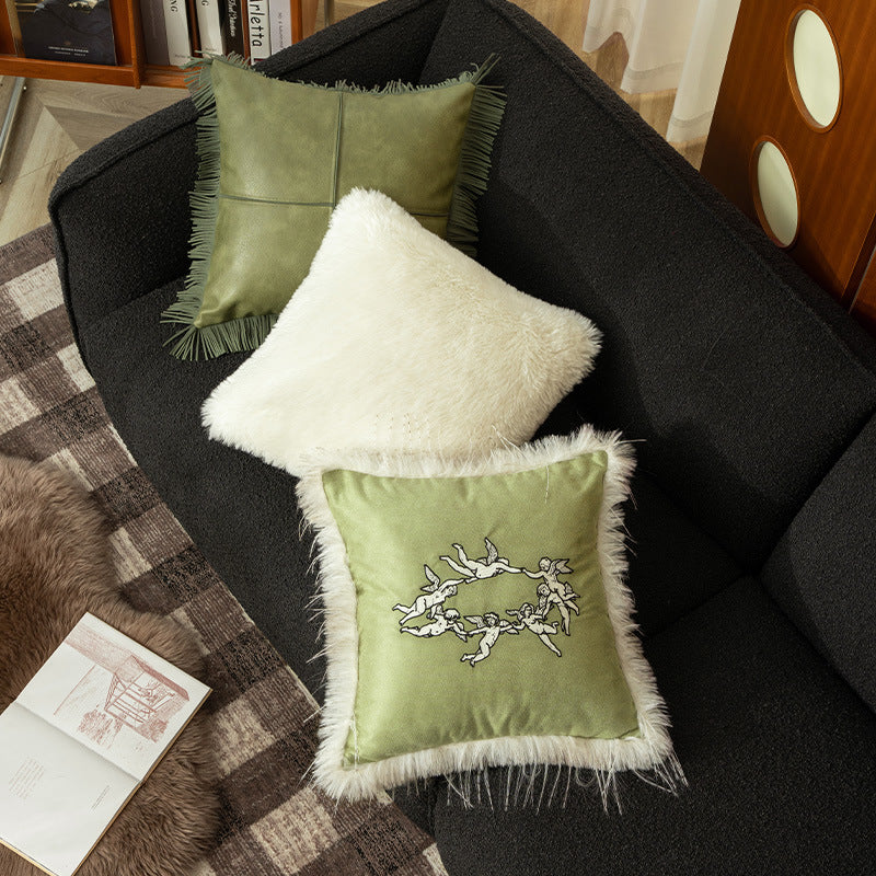 Square decorative velvet cushion cover with faux fur trim and cherub embroidery Stornfield