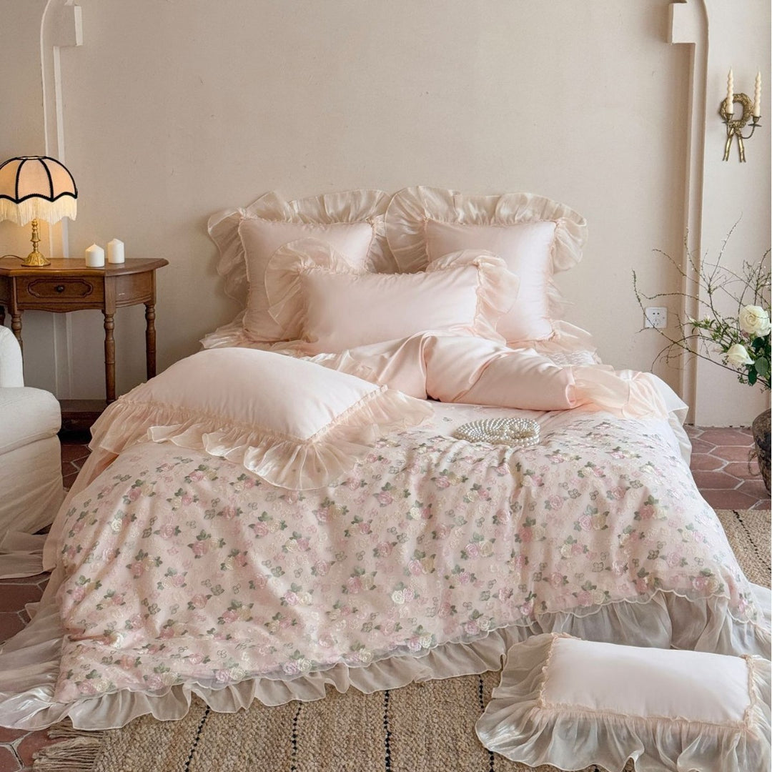 Floral Embroidered Ruffled Satin-Trim Duvet Cover Set