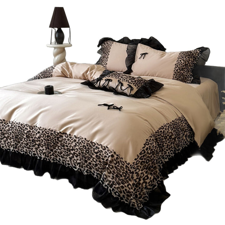 Satin-Feel Leopard Lace-Trim Ruffled Duvet Cover Set with Decorative Bow Pillow Shams