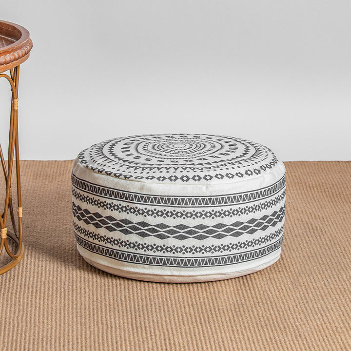 Beef padded seat pouf with ethnic jacquard pattern and sturdy canvas cover