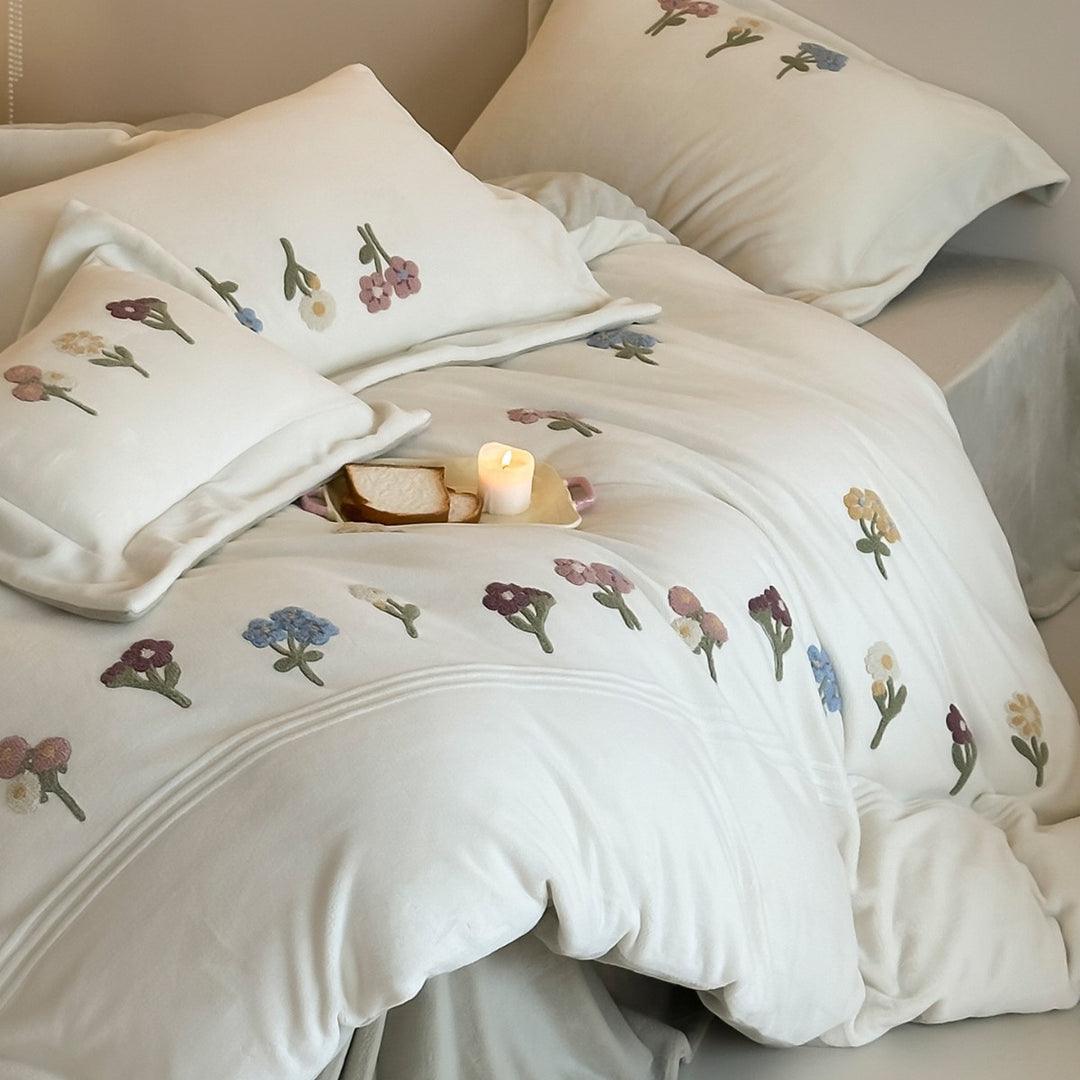 Embroidered Botanical Duvet Cover Set with Piped Edge and Pillow Shams