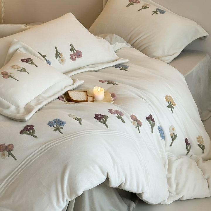Embroidered Botanical Duvet Cover Set with Piped Edge and Pillow Shams