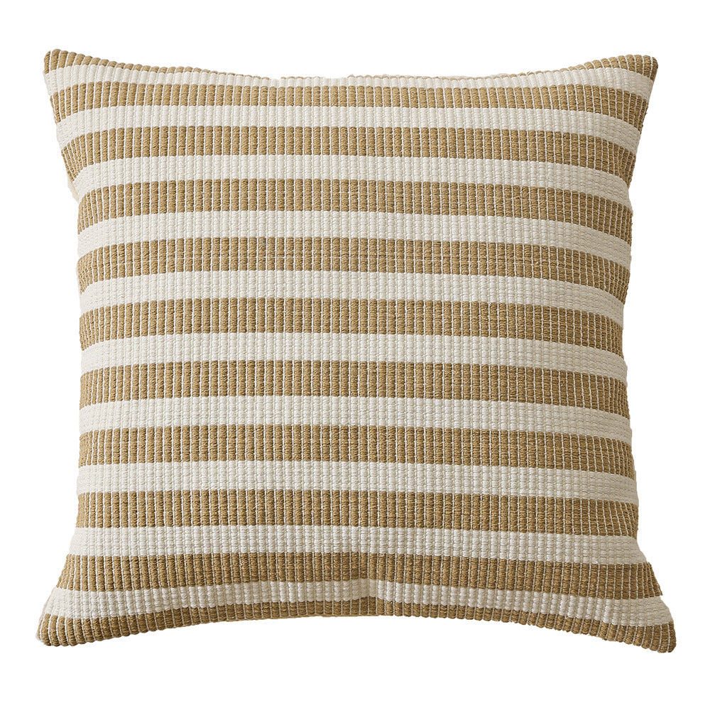 Woven square decorative cushion with fine ribbed texture and stripe pattern