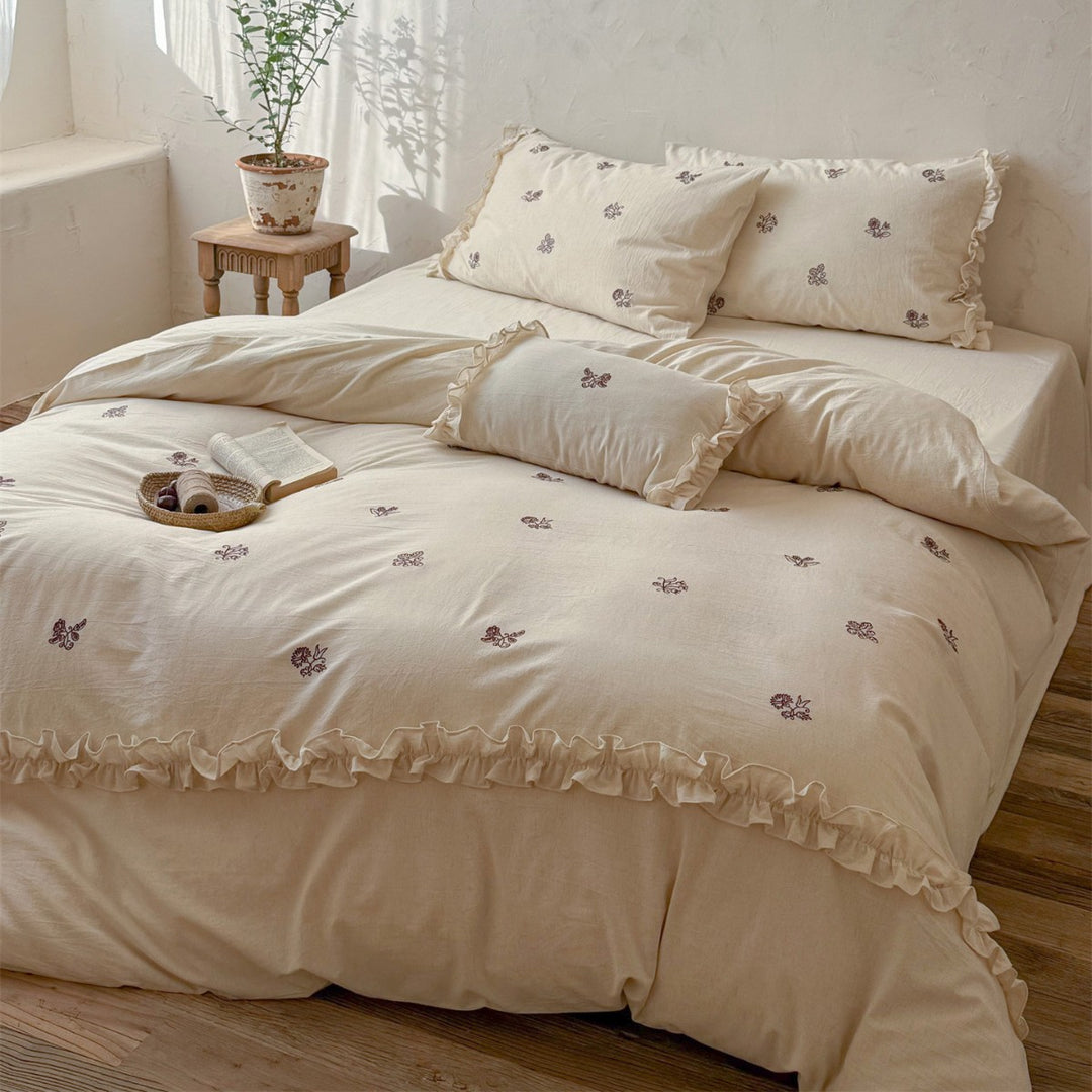 Botanical Embroidered Ruffled Cotton-Linen Duvet Cover Set with Frilled Pillow Shams