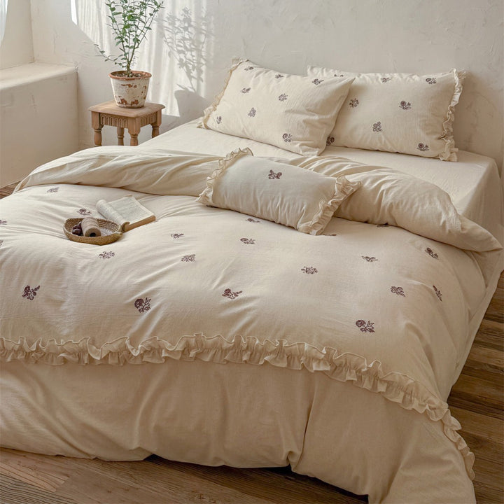 Botanical Embroidered Ruffled Cotton-Linen Duvet Cover Set with Frilled Pillow Shams