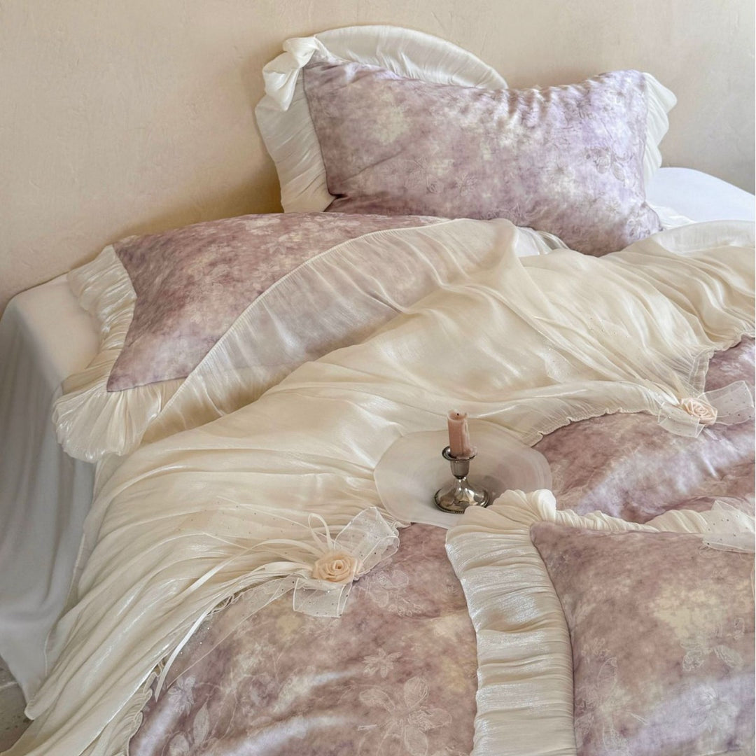 Romantic bedding set with ruffles, frills, and velvet look