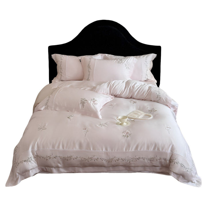 Silk-Feel Floral Embroidered Sateen Duvet Cover Ensemble with Decorative Flange and Lumbar Pillow