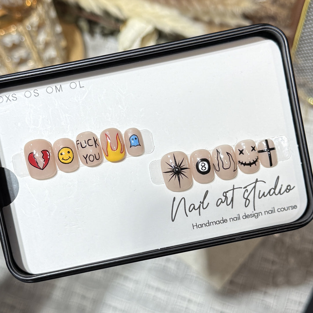 Artistic Press-On Nail Set with Unique Graphic Designs Stornfield