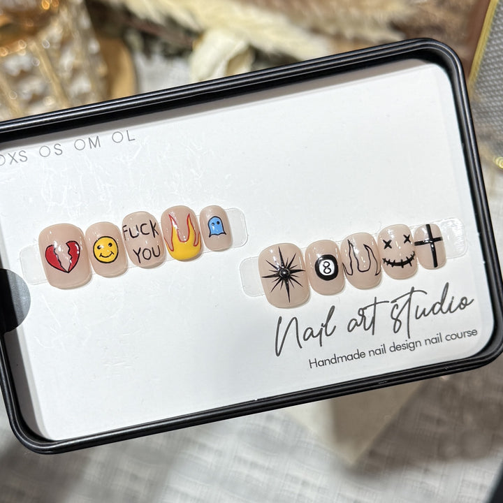 Artistic Press-On Nail Set with Unique Graphic Designs Stornfield