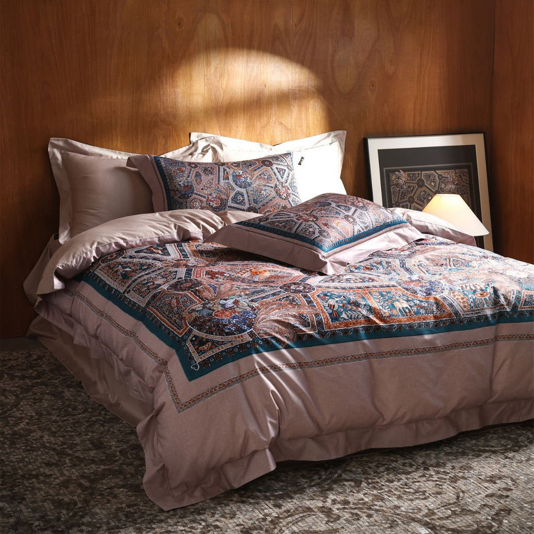 Ornate Mosaic-Print Cotton-Sateen Duvet Cover Ensemble with Solid Sateen Border & Pillow Shams