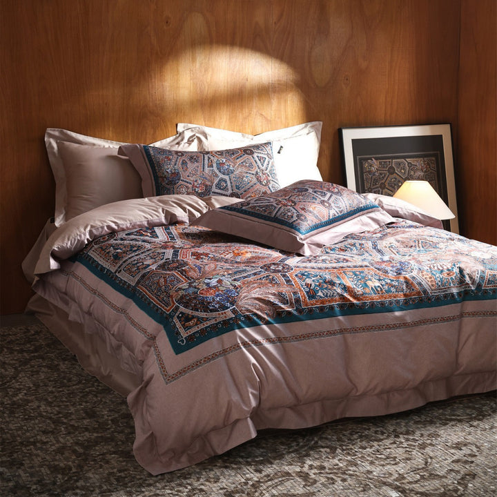 Ornate Mosaic-Print Cotton-Sateen Duvet Cover Ensemble with Solid Sateen Border & Pillow Shams