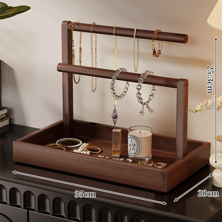 Two-Tier Wooden Jewelry Organizer Tray with Hanging Necklace Rods