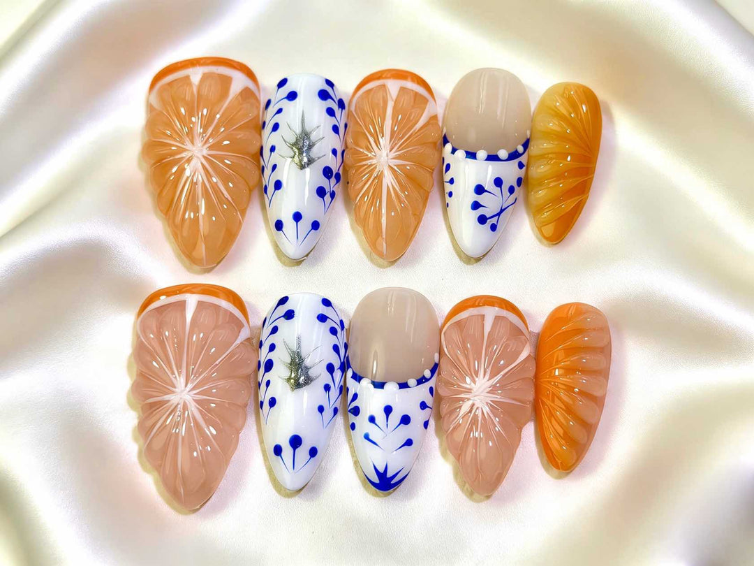 Artistic Press-On Nail Set with Floral and Green Accents