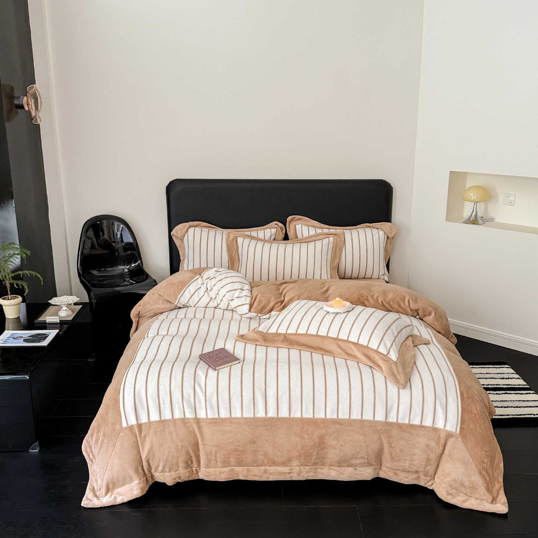 Luxurious bedding set made of striped cotton blend with velvet trim and reversible function