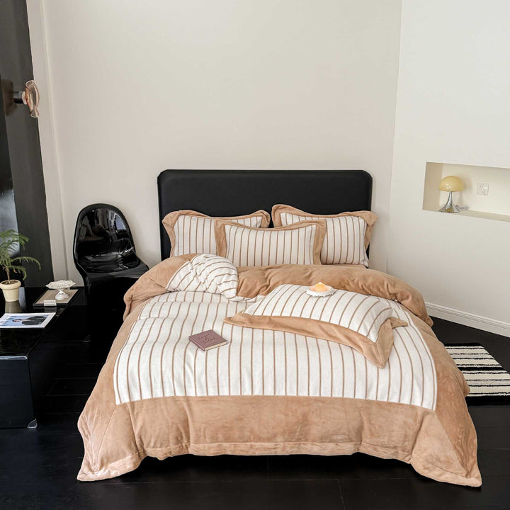 Luxurious bedding set made of striped cotton blend with velvet trim and reversible function