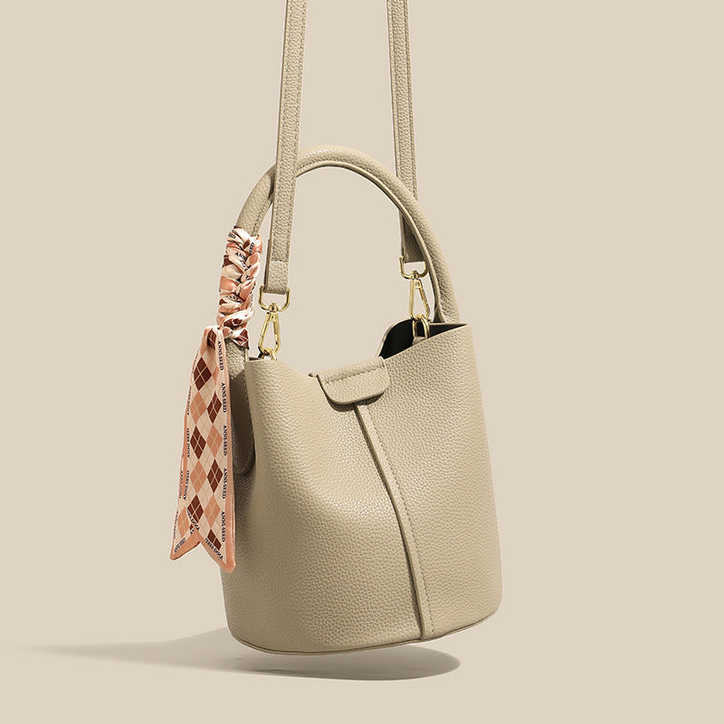 Textured Leather Bucket Bag with Scarf Detail