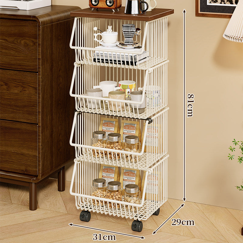 Mobile Four-Tier Kitchen Pantry Organizer Cart with Wood Top and Rolling Wire Baskets