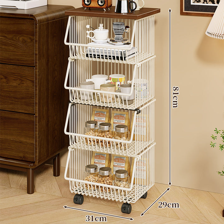 Mobile Four-Tier Kitchen Pantry Organizer Cart with Wood Top and Rolling Wire Baskets