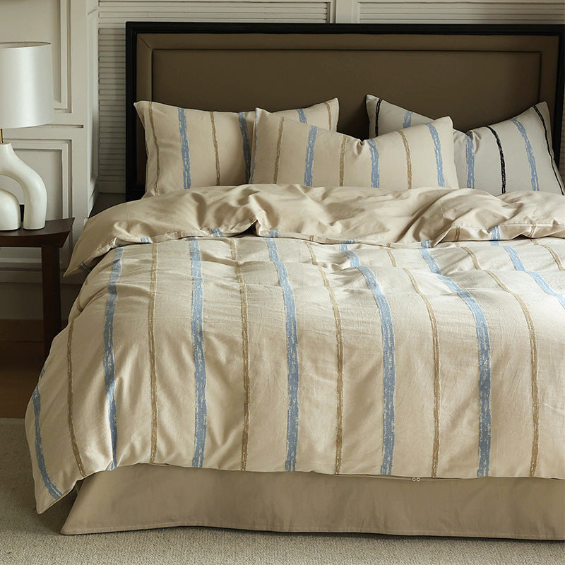 Luxurious cotton satin bedding set with hand-painted vertical stripes and zipper