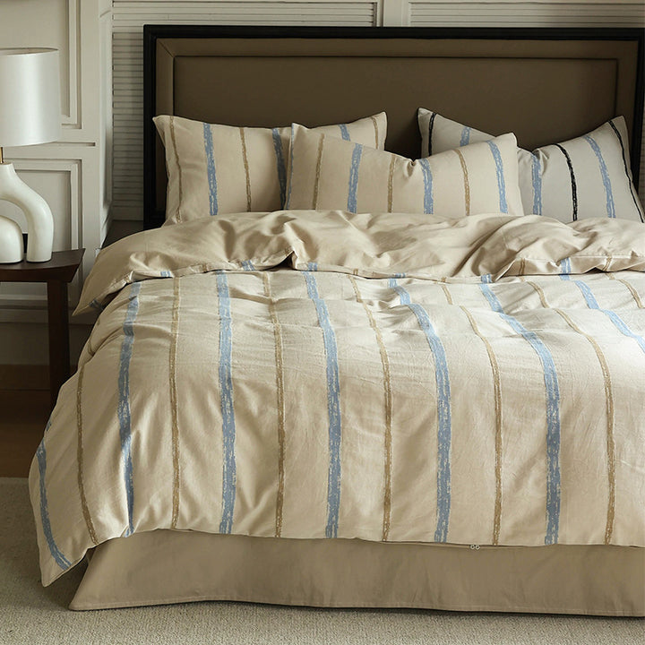 Luxurious cotton satin bedding set with hand-painted vertical stripes and zipper