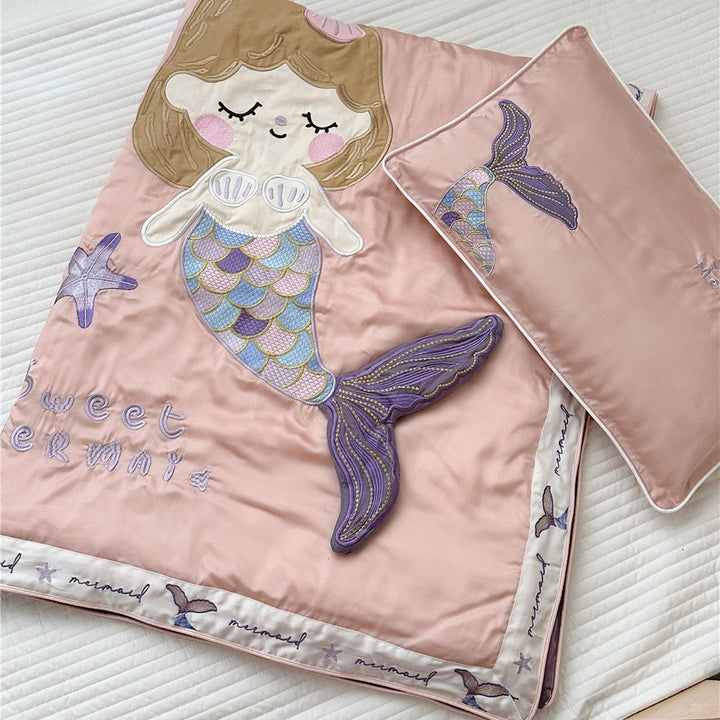 Kids Mermaid Appliqué Embroidered Duvet Cover and Pillowcase Set
