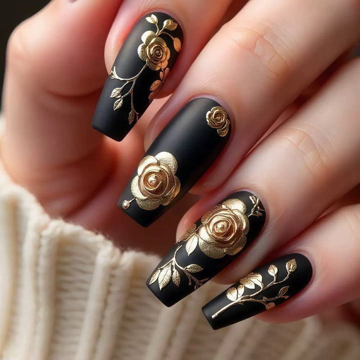 Artificial nail set with elegant golden rose decorations Stornfield