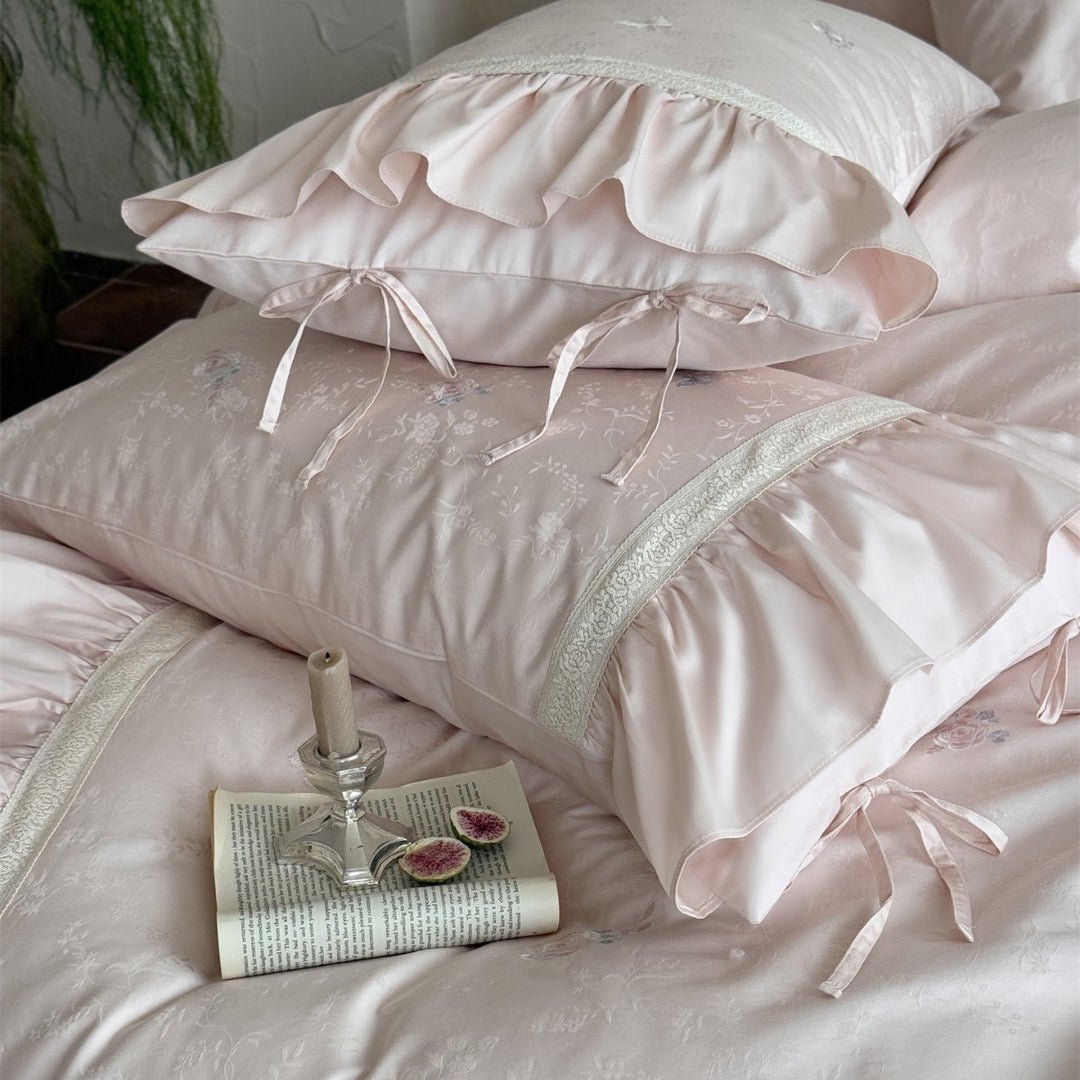 Ruffled Skirted Floral Jacquard Duvet Cover Set with Lace-Trim Tie Shams