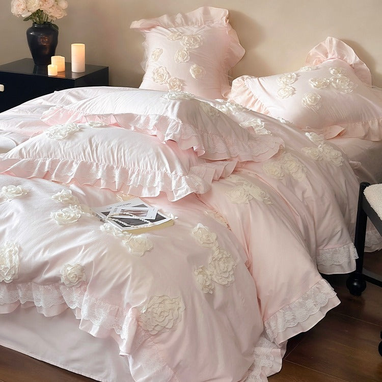 Romantic Ruffled Rose-Applique Cotton Sateen Duvet Cover Set with Lace-Trim Pillow Shams
