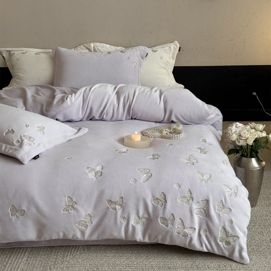 Embroidered Butterfly Plush Microfiber Duvet Cover Set