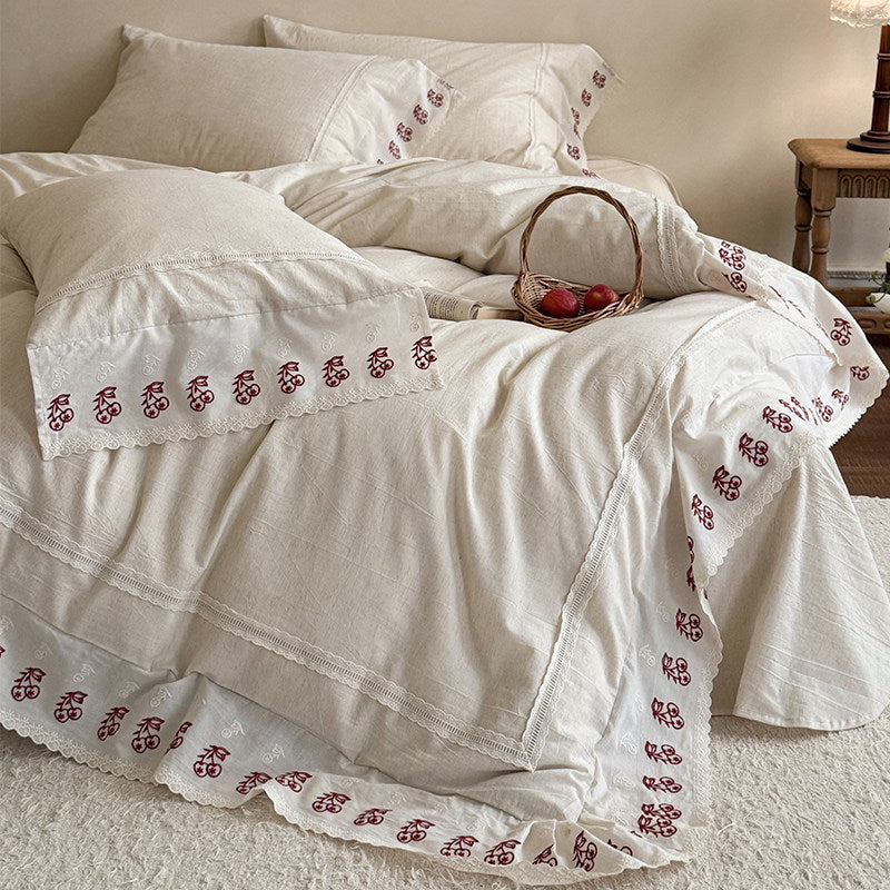 Artisan Embroidered Cherry-Motif Cotton-Linen Duvet Cover Set with Scalloped Lace Hem