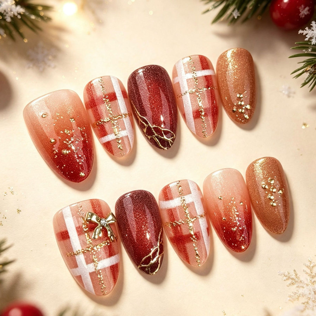 Decorative Press-On Nail Set with Gold Accents